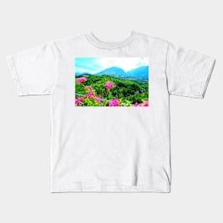 Scenery from Montefortino with flowers, thickets, fields and Sibillini Kids T-Shirt